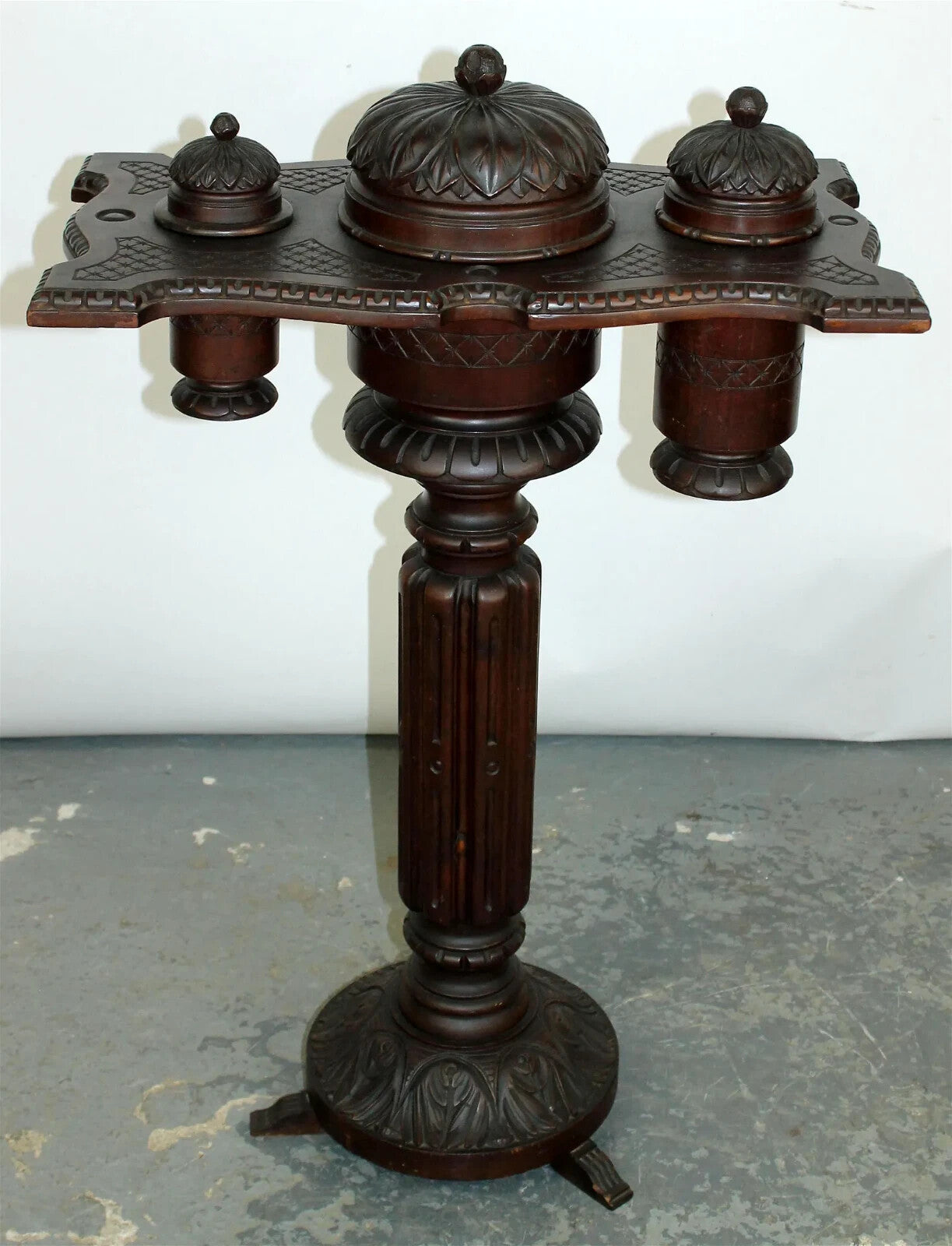 Antique German Carved Swivel Smoking Stand Black Forest Style Pipe Cigar Tobacco