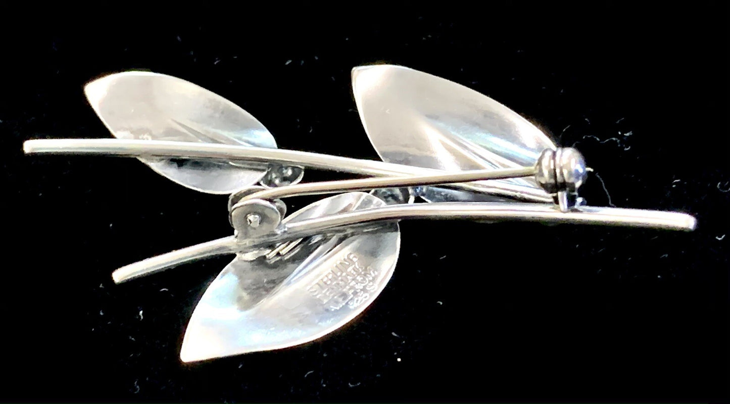 Vintage N E From Sterling 925 Denmark Three Leaf & Berries Brooch Pin