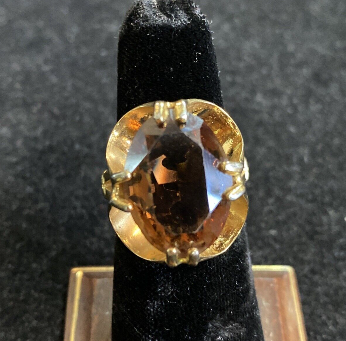 1960s Gold Plated Synthetic Dark Cognac Citrine Ring Sz 5.5 7g JM6