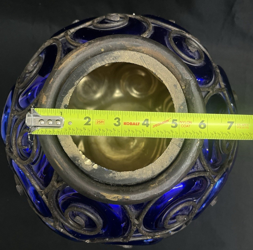 Murano Style Round Cage Bubble Blown Cobalt Blue Iridescent Glass Sculpture 13"