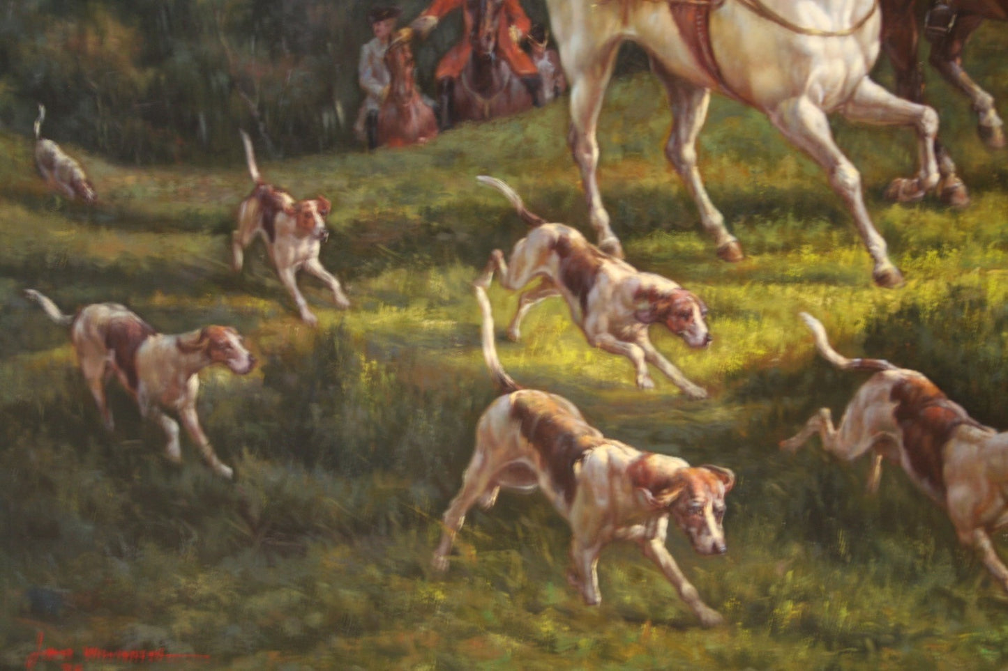 Oil Painting of Fox Hunt Scene Framed 5'x7' artist signed Wiliamson