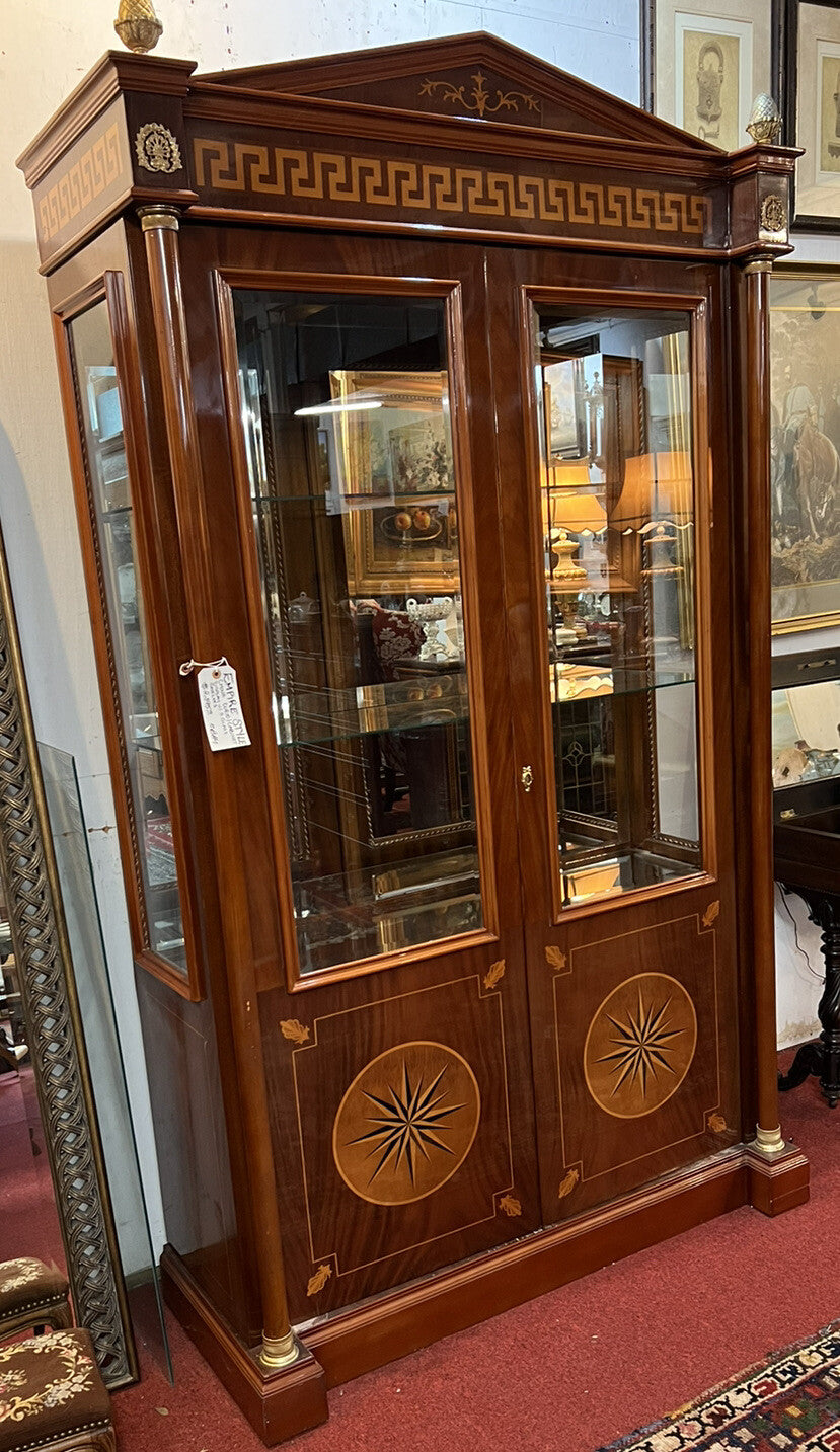 French Empire 2 Door Cabinet w Glass Shelves Inlaid Designs