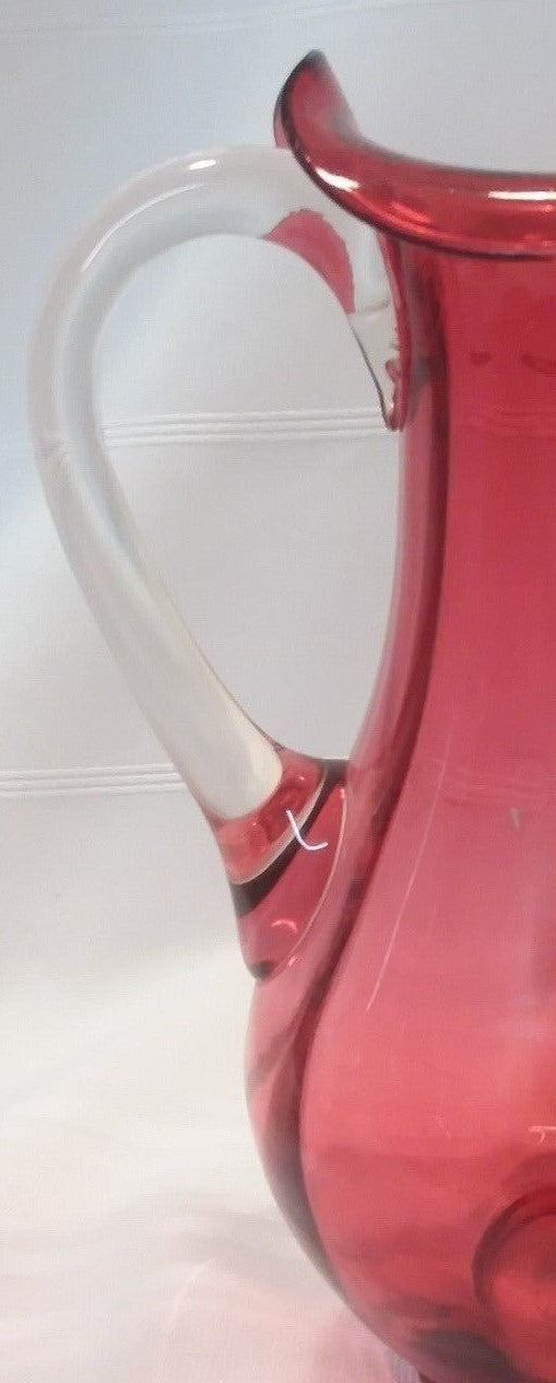 Antique Victorian  Cranberry Glass 9.5" Pitcher  Enameled w Yellow Tulip 100+yrs