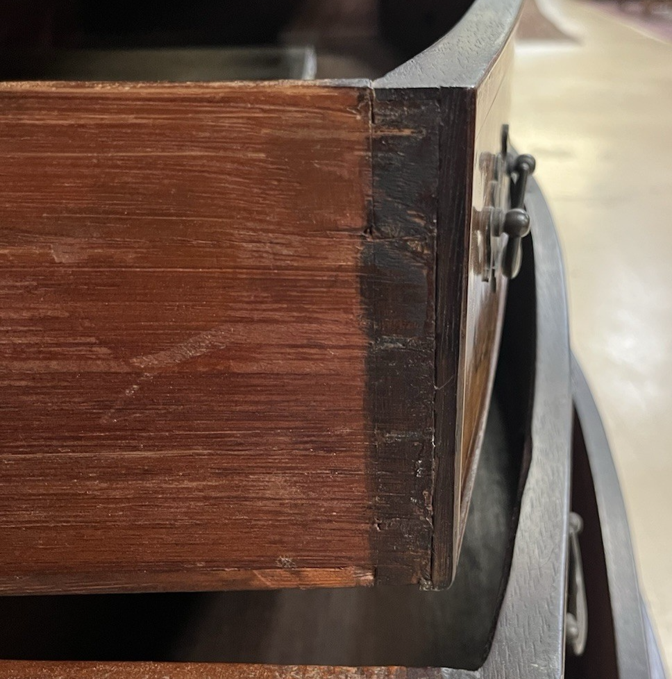 PERIOD ENGLISH REGENCY BURLED WALNUT BOW FRONT TALL CHEST OF DRAWERS