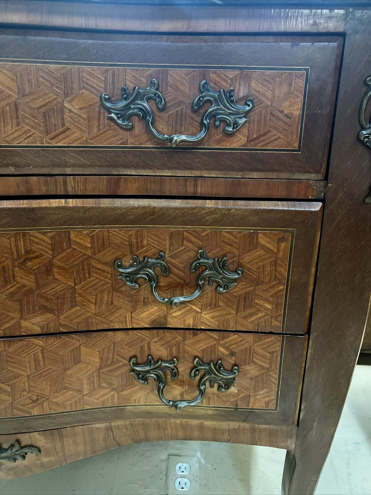 Antique French Louis XV Commode Chest of Drawers Marble Top Marquetry Pattern