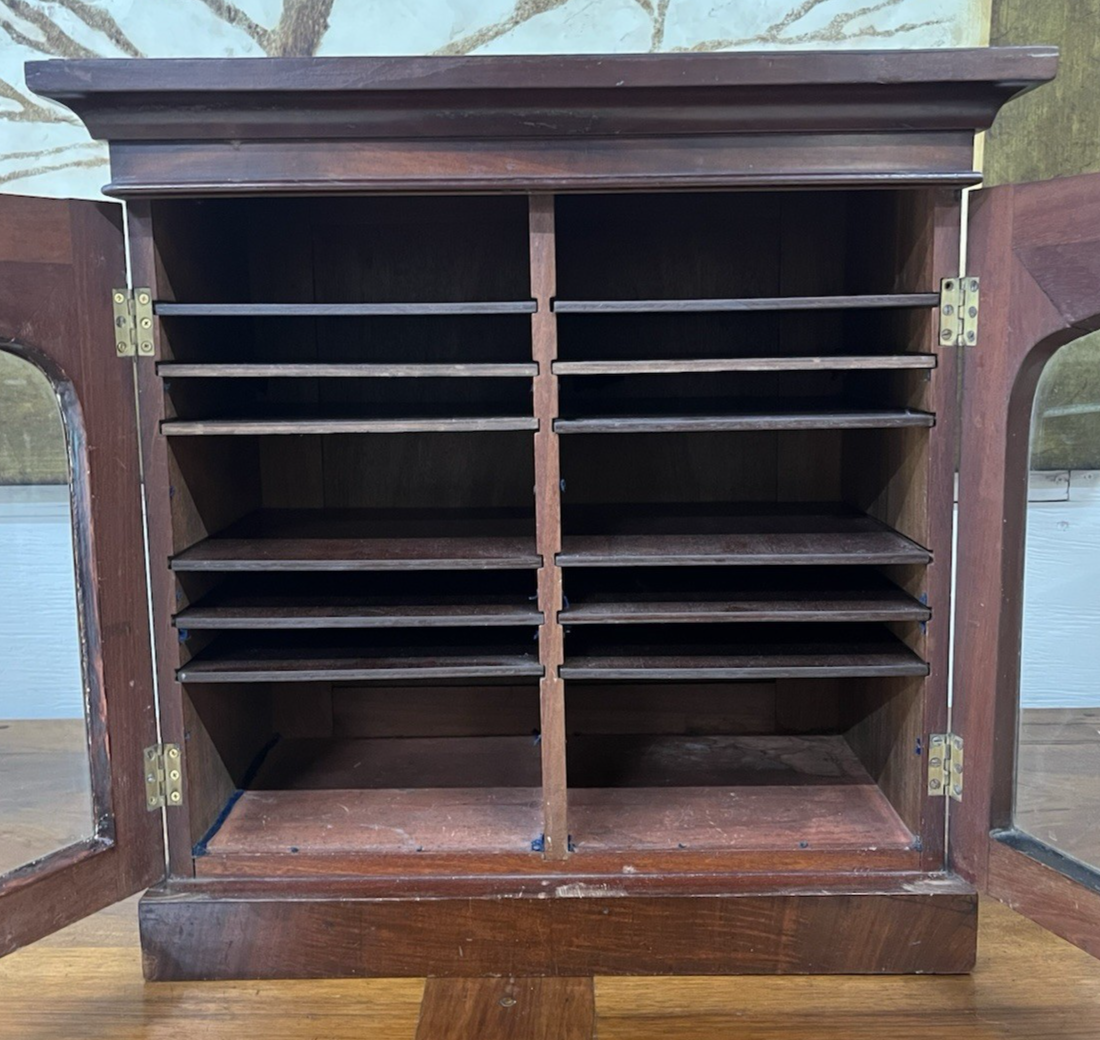 ENGLISH MAHOGANY TABLETOP COLLECTOR'S CABINET 20 5/8" TALL