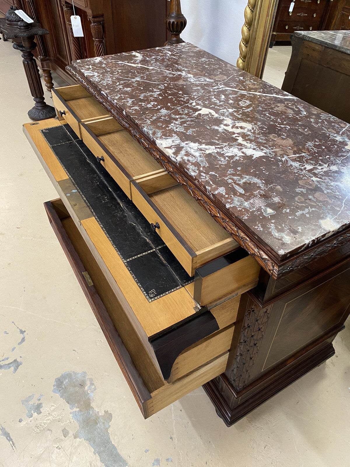 FRENCH MARBLE-TOP ROSEWOOD COMMODE SECRETAIRE CHEST OF DRAWERS