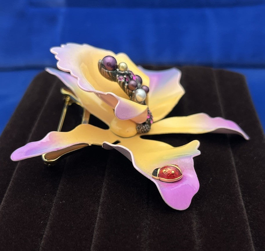 JOAN RIVERS Orchid Brooch Enamel Purple & Peach Flower Lady bug Pin Rhinestones