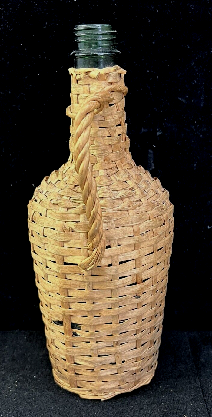 FRENCH ANTIQUE DEMIJOHN WICKER BOTTLE 11", GREEN GLASS, MADE IN FRANCE