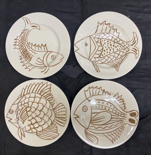 Fitz & Floyd 1976 Les Fish Brown 7 1/2" Salad Plate Set of 4 KM10