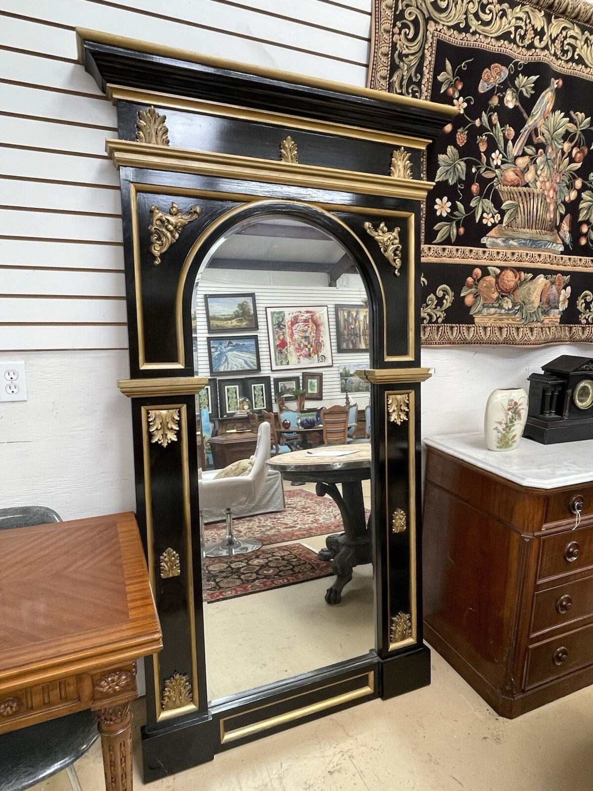 Tall Black & Gold Napoleon III Style Pier Mirror 79.5” Tall FS9