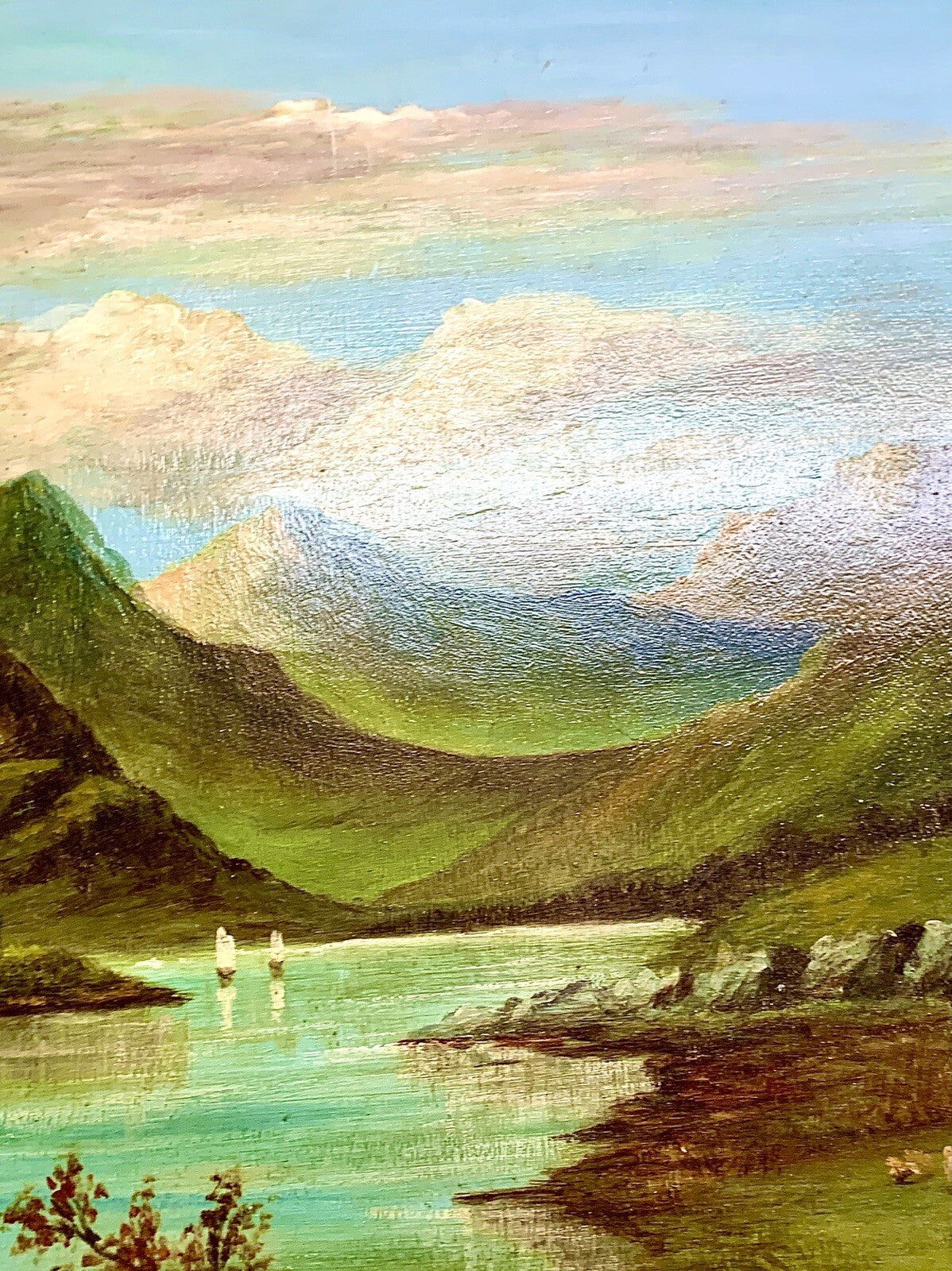 E. Thompson Oil Painting on Panel Signed 1894 Mountains & Lake Earl