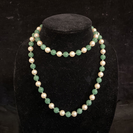 Hand Knotted Simulated Pearl & Aventurine Beaded Necklace 36" 9.5mm