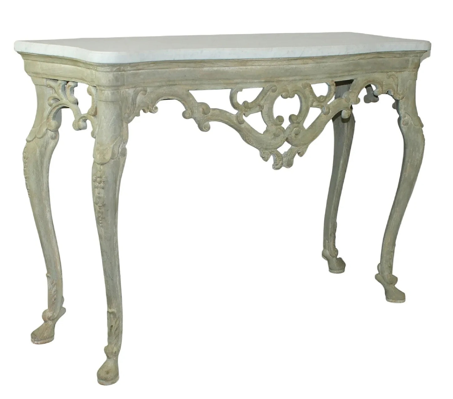 Antique Italian Pierced & White Washed Console Table w/ Marble Top