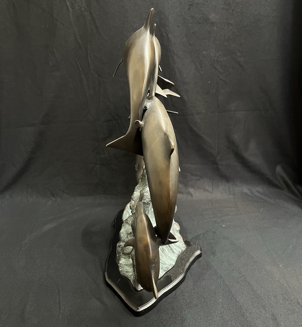 PB6 Bronze School of Dolphins Ocean Scene Statue w/ Wood Base 19"x 23"