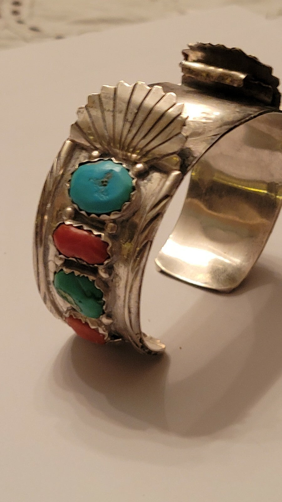 Sterling Silver Turquoise & Coral Watch Cuff by Zuni Artist Marvelyne Cheama 56g