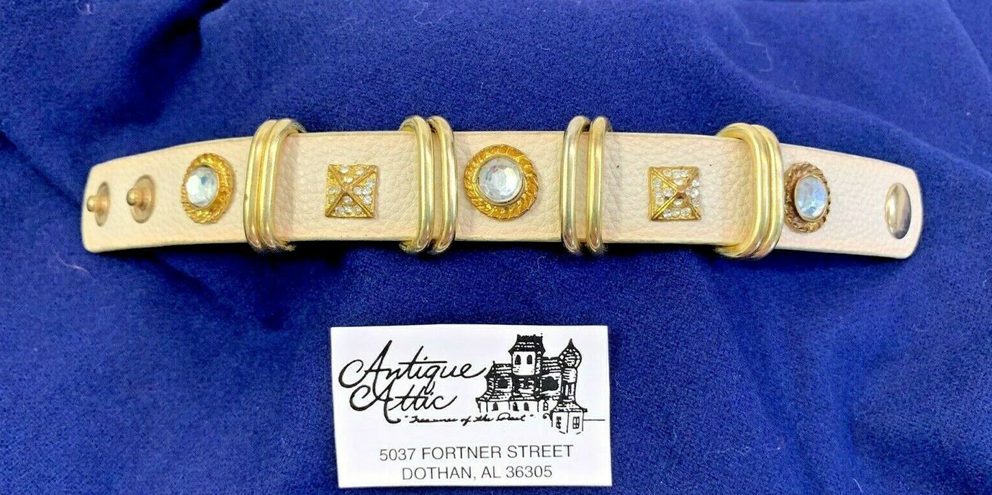 Yik Fung Genuine Leather Clear Rhinestone Studded Gold Tone Snap Bracelet