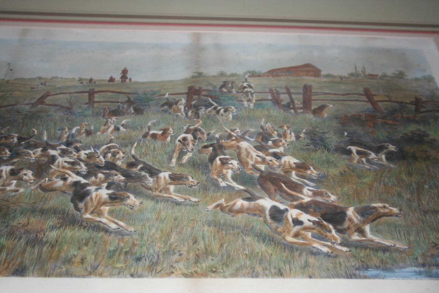 Large Framed Fox Hunt Framed Print Lithograph Engraving by Pratt 1887 Wood Frame