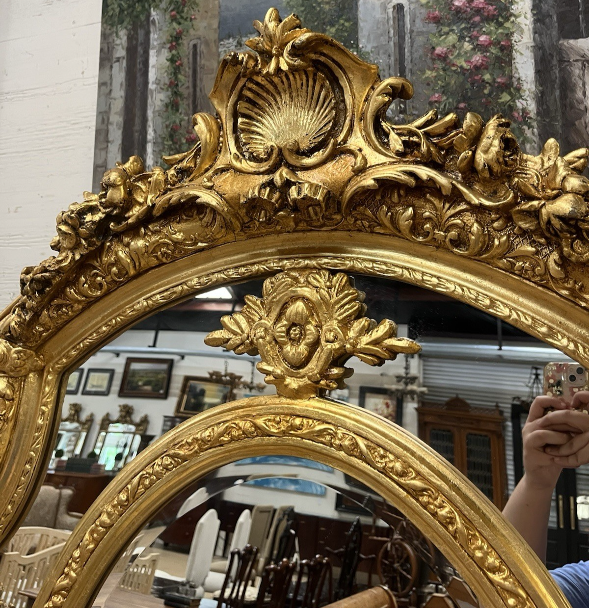 80.5" PAIR OF LARGE LOUIS XV GILT GOLD PARCLOSE CUSHION MIRRORS