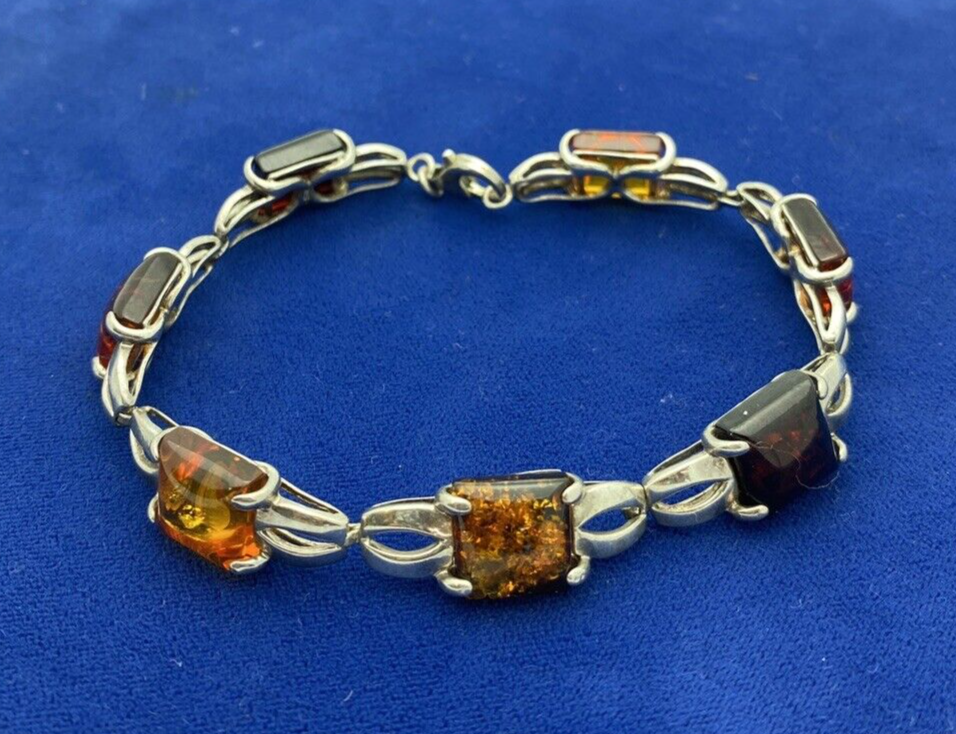 Vintage Baltic Poland Cognac Amber 925 Sterling Silver Bracelet Rectangle 15.2g