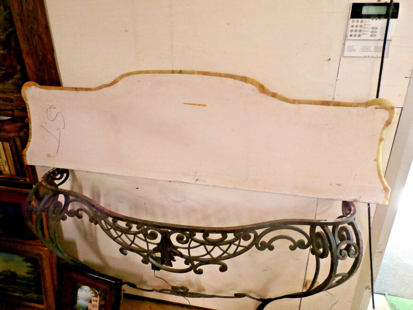 Antique French Rococo Style Scrolled Iron Console W61" Marble Onyx Attaches Wall