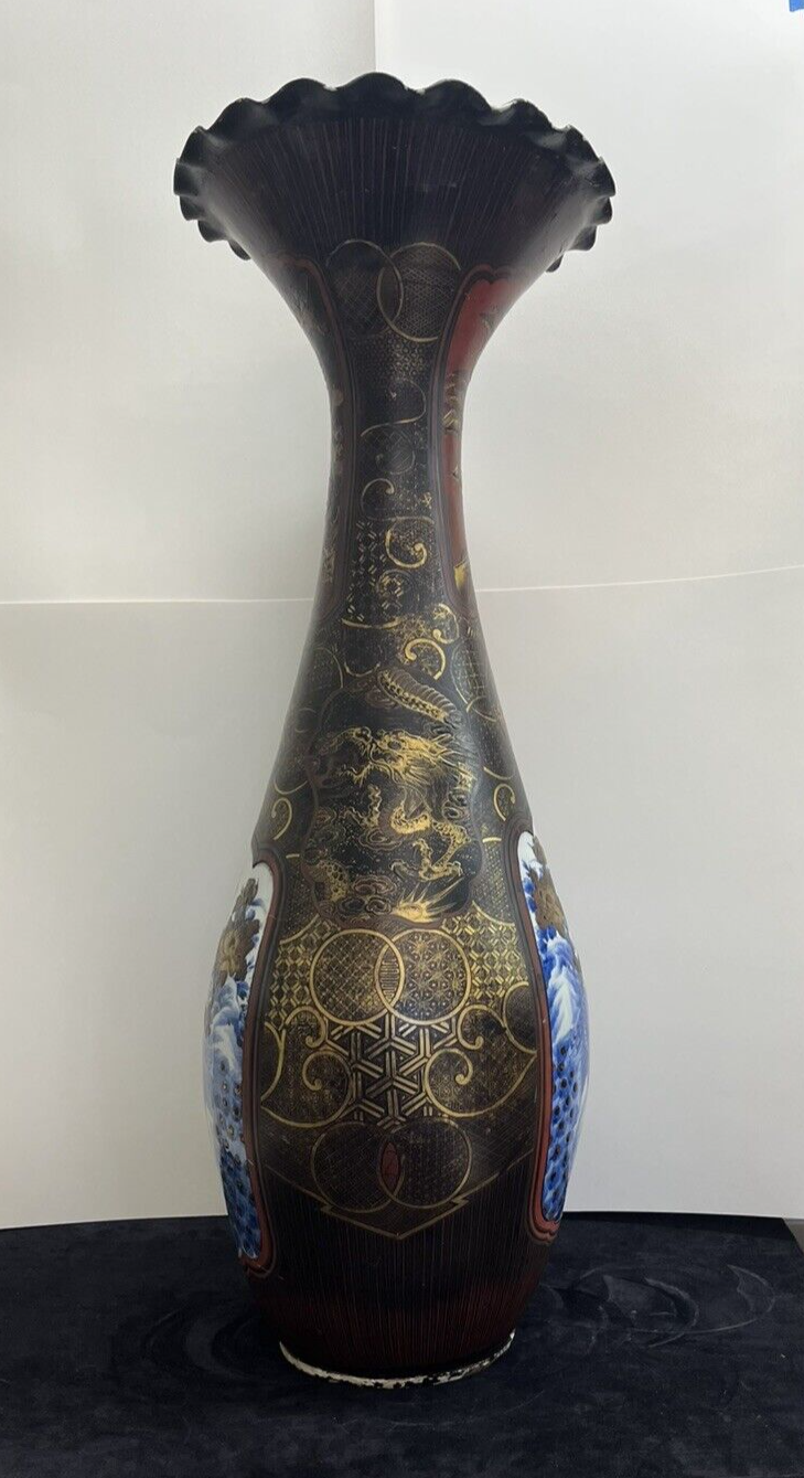 41" IMPRESSIVE MEIJI JAPANESE LACQUER COATED PORCELAIN PALACE VASE  FS1