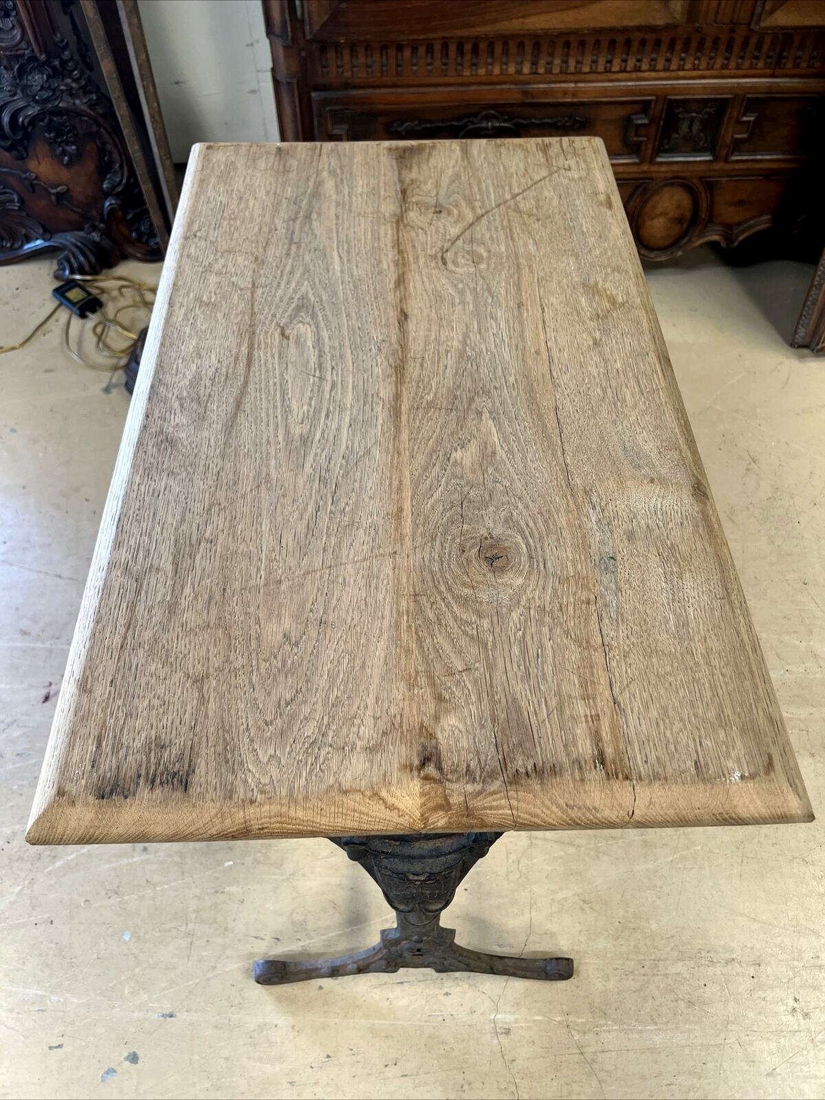 Antique French Art Deco bistro table w/ cast iron base natural white oak top
