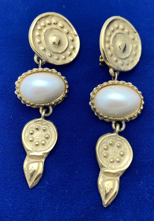 Vintage GIVENCHY Pearl Gold Tone CLIP EARRINGS