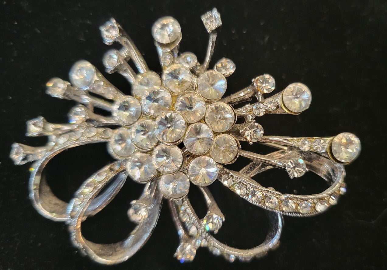 VINTAGE J.H.S. JHS Clear Rhinestones Crystals Pin Brooch Signed 3" x 2"