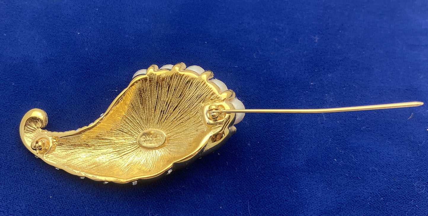 Beautiful Nolan Miller Glamour Collection Jewelry Pearl Gold Cornucopia Brooch