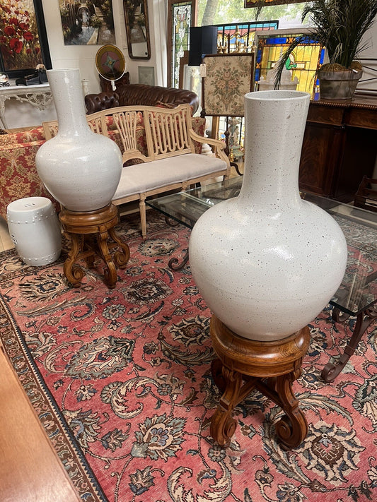 PAIR OF CHINESE SALT-GLAZED PORCELAIN VASES ON FRENCH OAK WOOD STANDS 51" HIGH