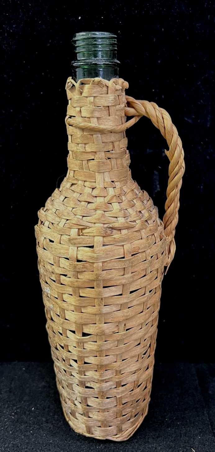 FRENCH ANTIQUE DEMIJOHN WICKER BOTTLE 11", GREEN GLASS, MADE IN FRANCE
