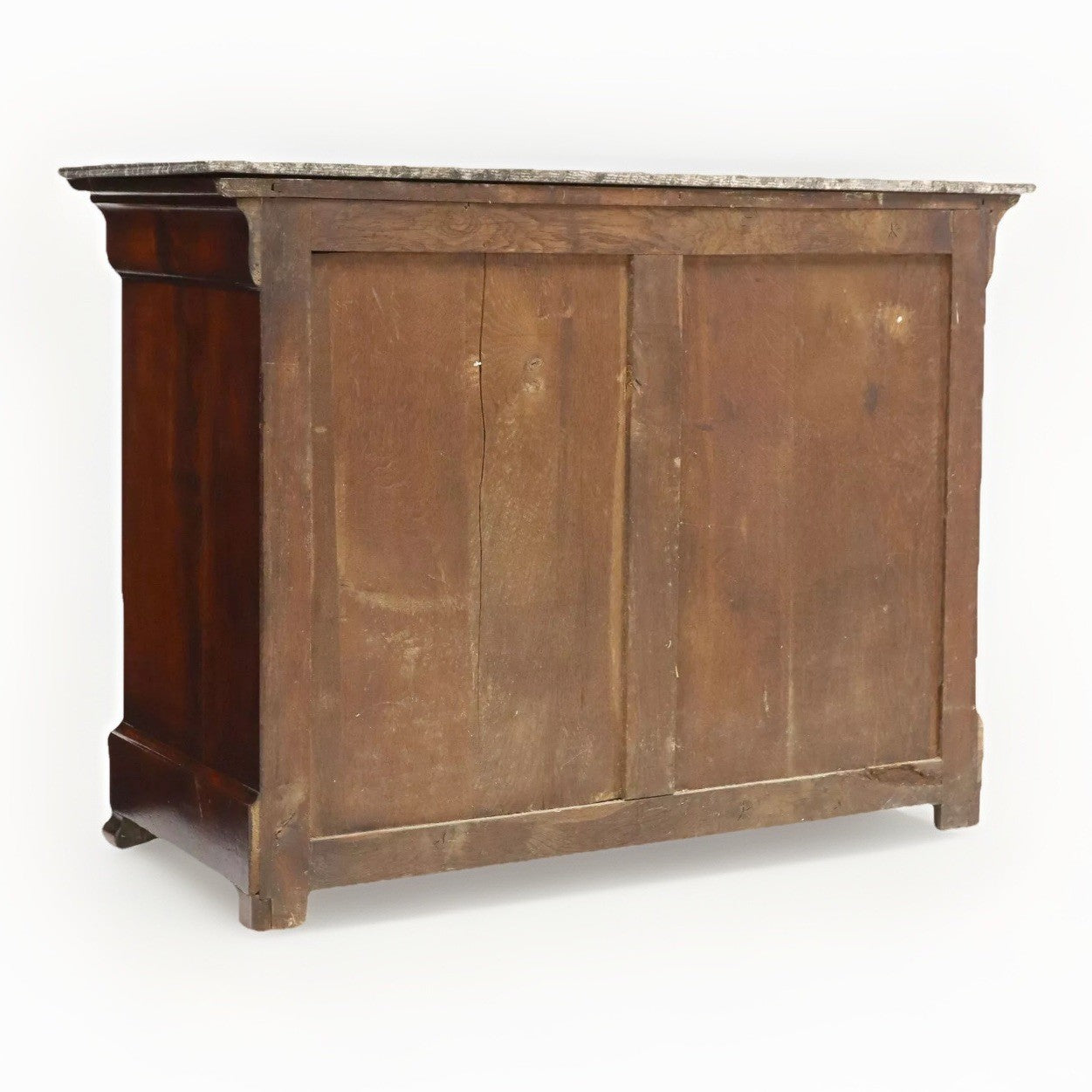 ANTIQUE FRENCH LOUIS PHILIPPE MARBLE-TOP BURLED MAHOGANY CHEST COMMODE