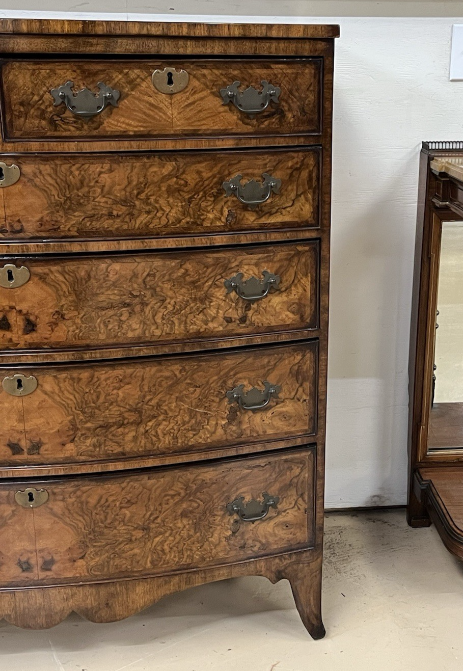 PERIOD ENGLISH REGENCY BURLED WALNUT BOW FRONT TALL CHEST OF DRAWERS