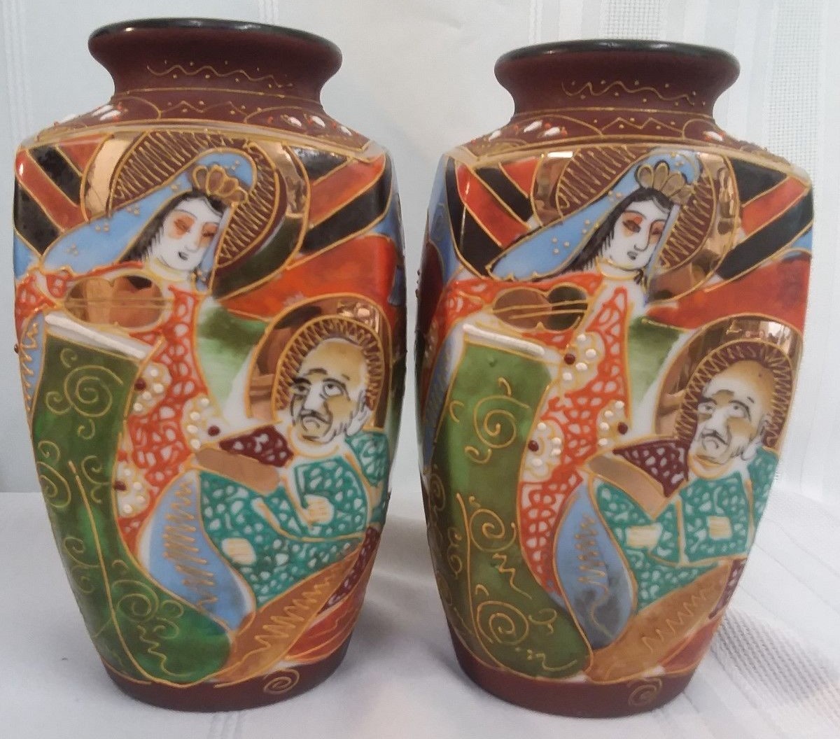 Pair Japanese Moriage Vases Man & Woman Colorful Dragonware  H6" Immortals