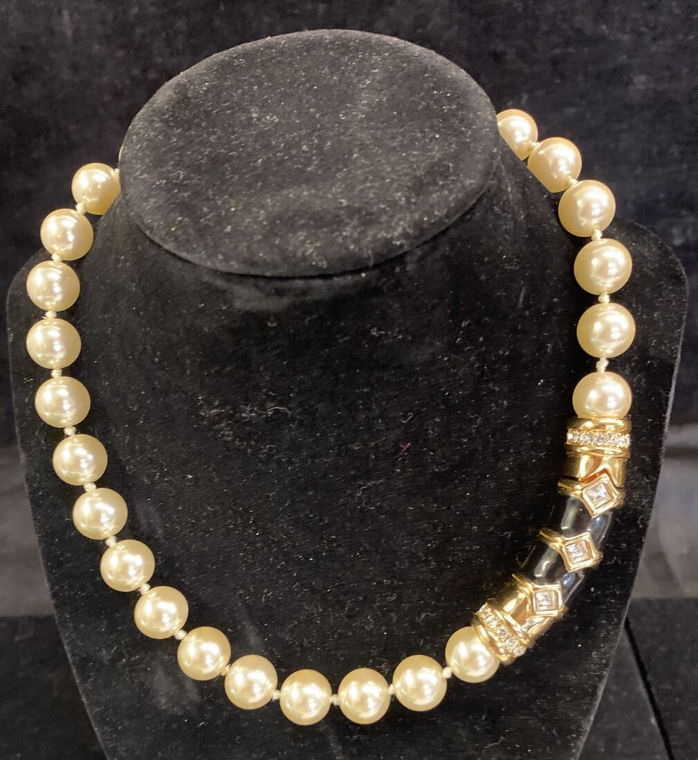 80’s SWAROVSKI Necklace Choker  Pearls Gold Black Enamel Crystals 17" Statement