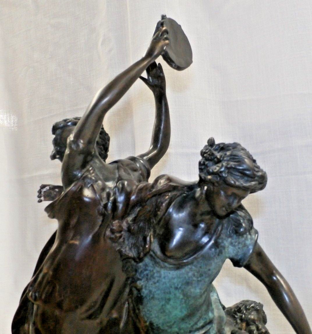 Bronze Bacchanalia Statue Clodion 2 Women Dancers Celebrating Wine Tambourine