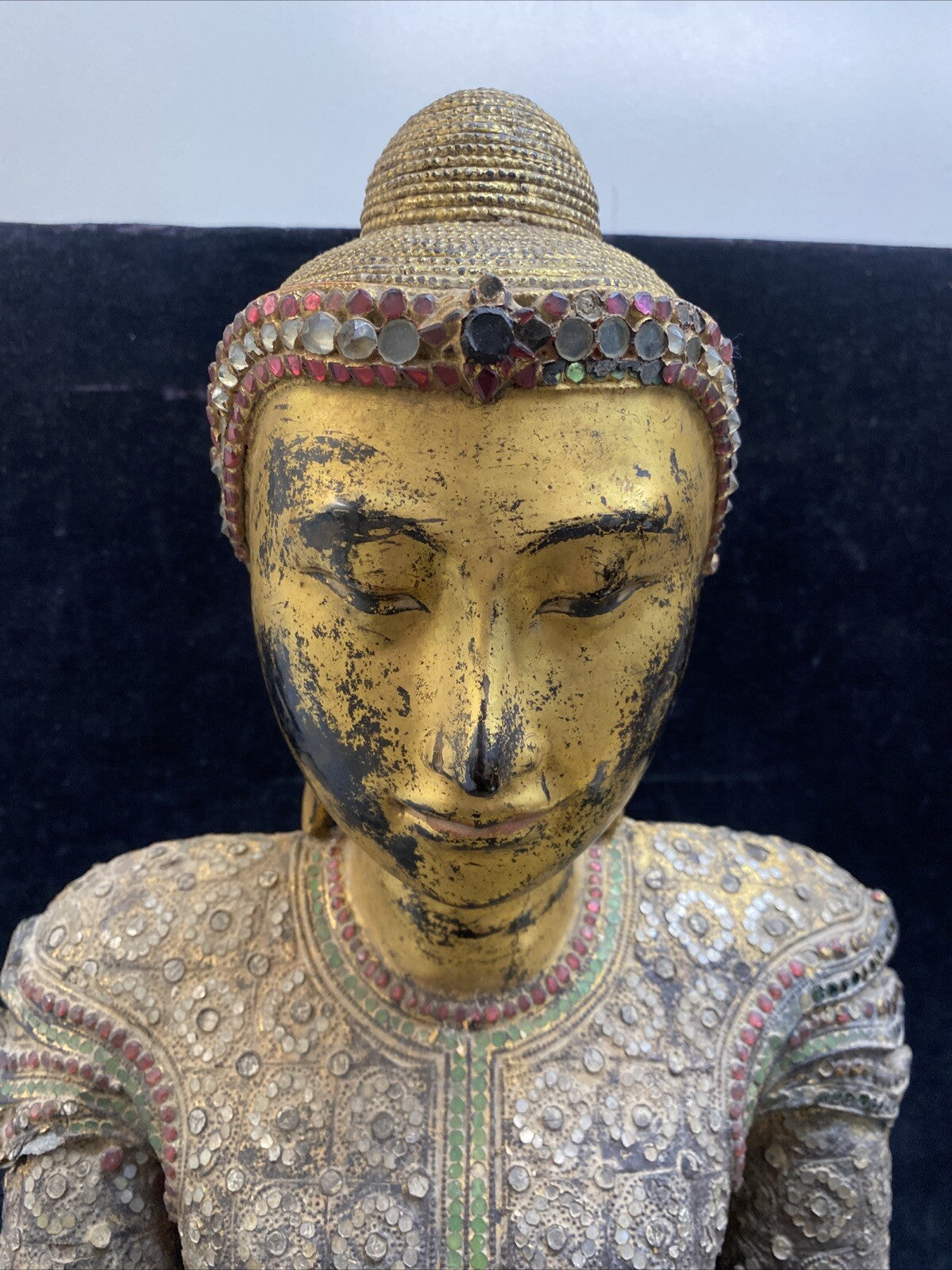 Thai Gilt Wood Seated Buddha Statue w/ Leather & Jewel Adornment