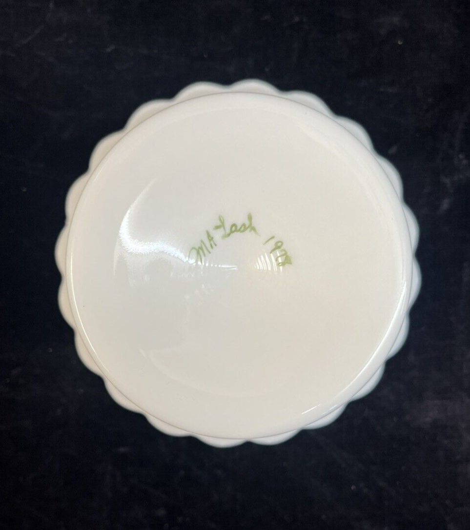 1978 Milk Glass Pedestal Candy Dish  Westmoreland artist signed 7 3/4" M A Lash