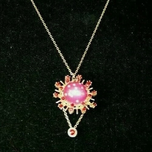 Vtg Celestial Moon and Stars Pendant Faux Amethyst Cabochon w Rhinestones Rubies