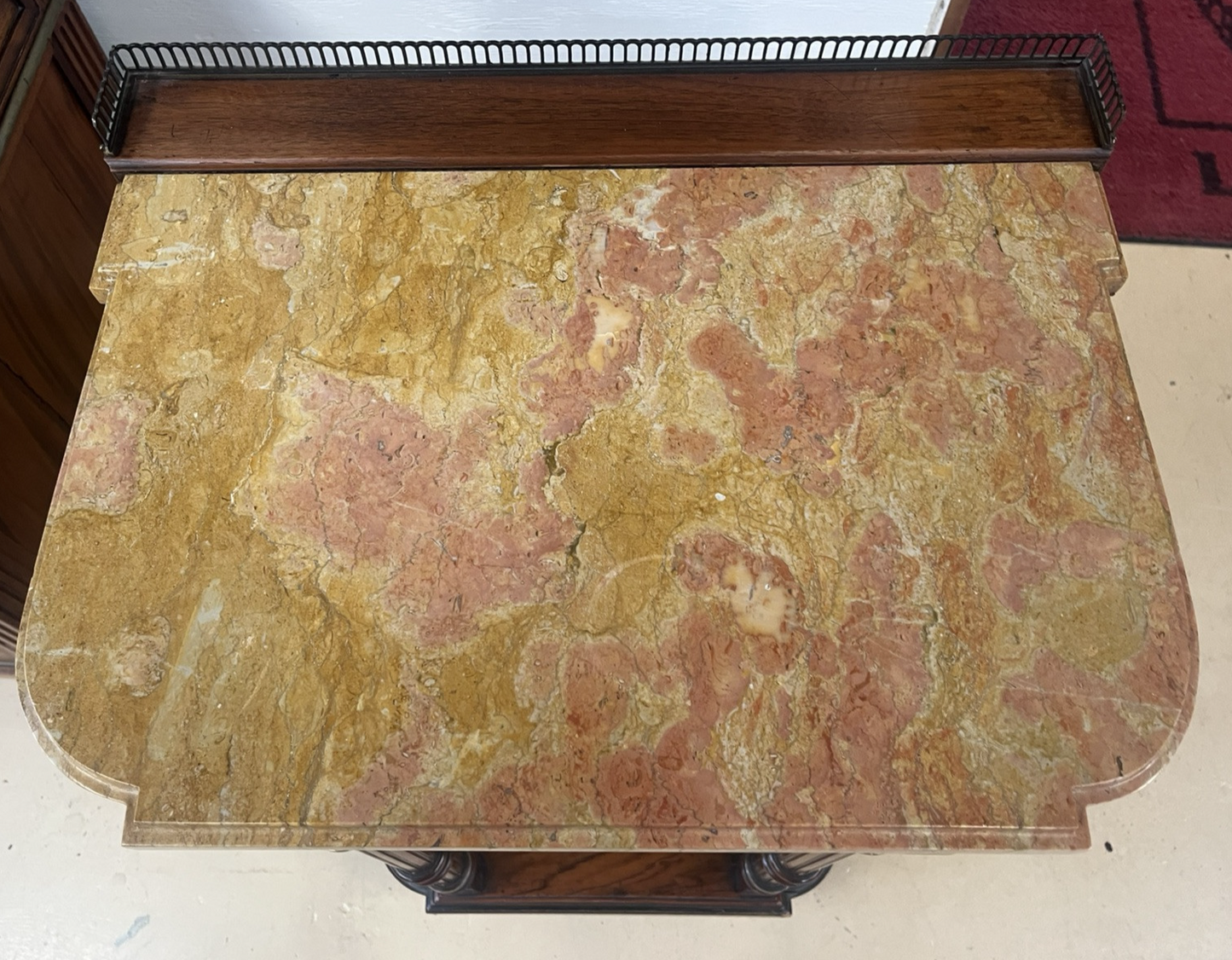 LOUIS XVI STYLE MARBLE-TOP MIRRORED ENTRYWAY PIER CONSOLE END TABLE