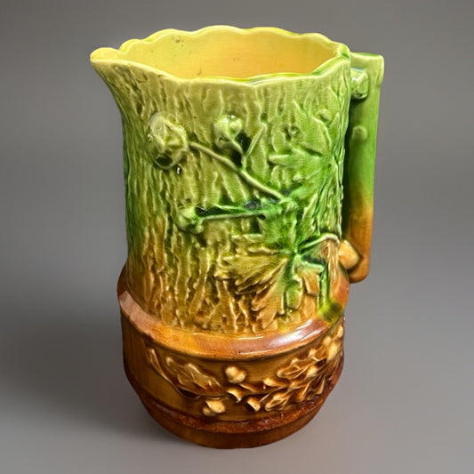 Antique Majolica Oak Leaf & Acorn Green Into Brown Glazed Pitcher 6.5"