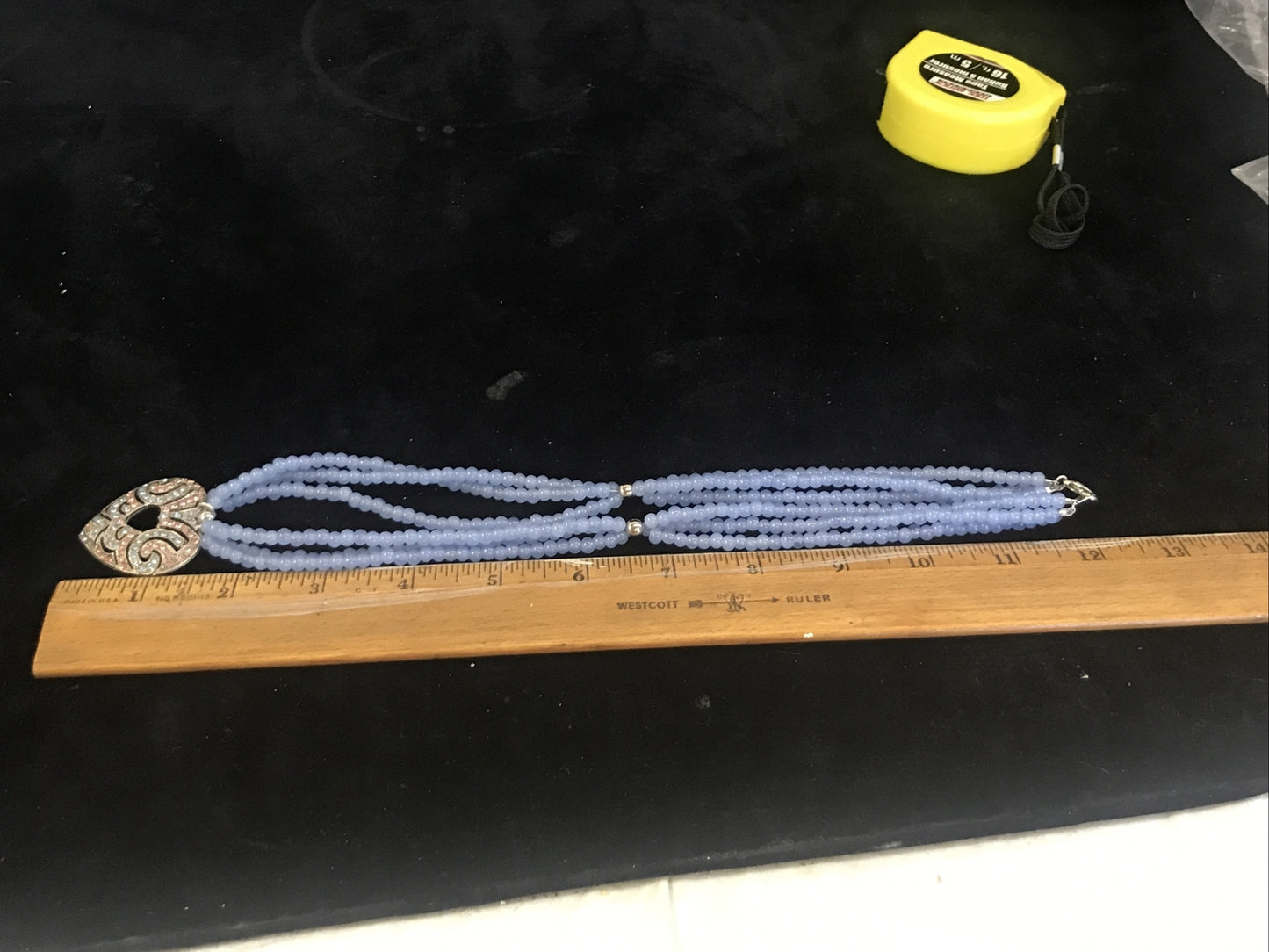 Vintage Blue Glass Bead Necklace with heart  blue & pink rhinestone pendant