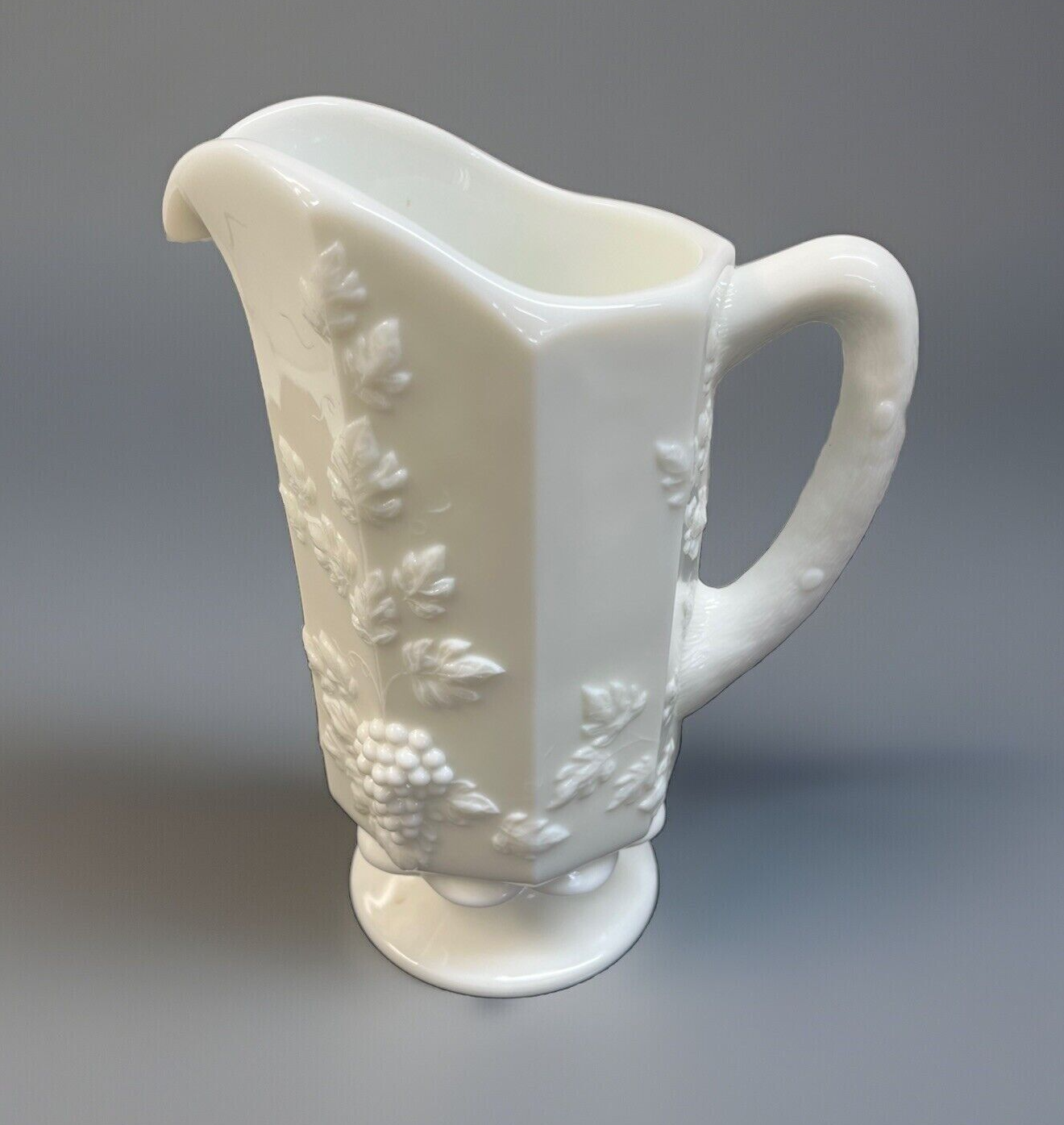 Vintage Westmoreland Milk Glass Panel Grape & Ivy Quart Pitcher 9"