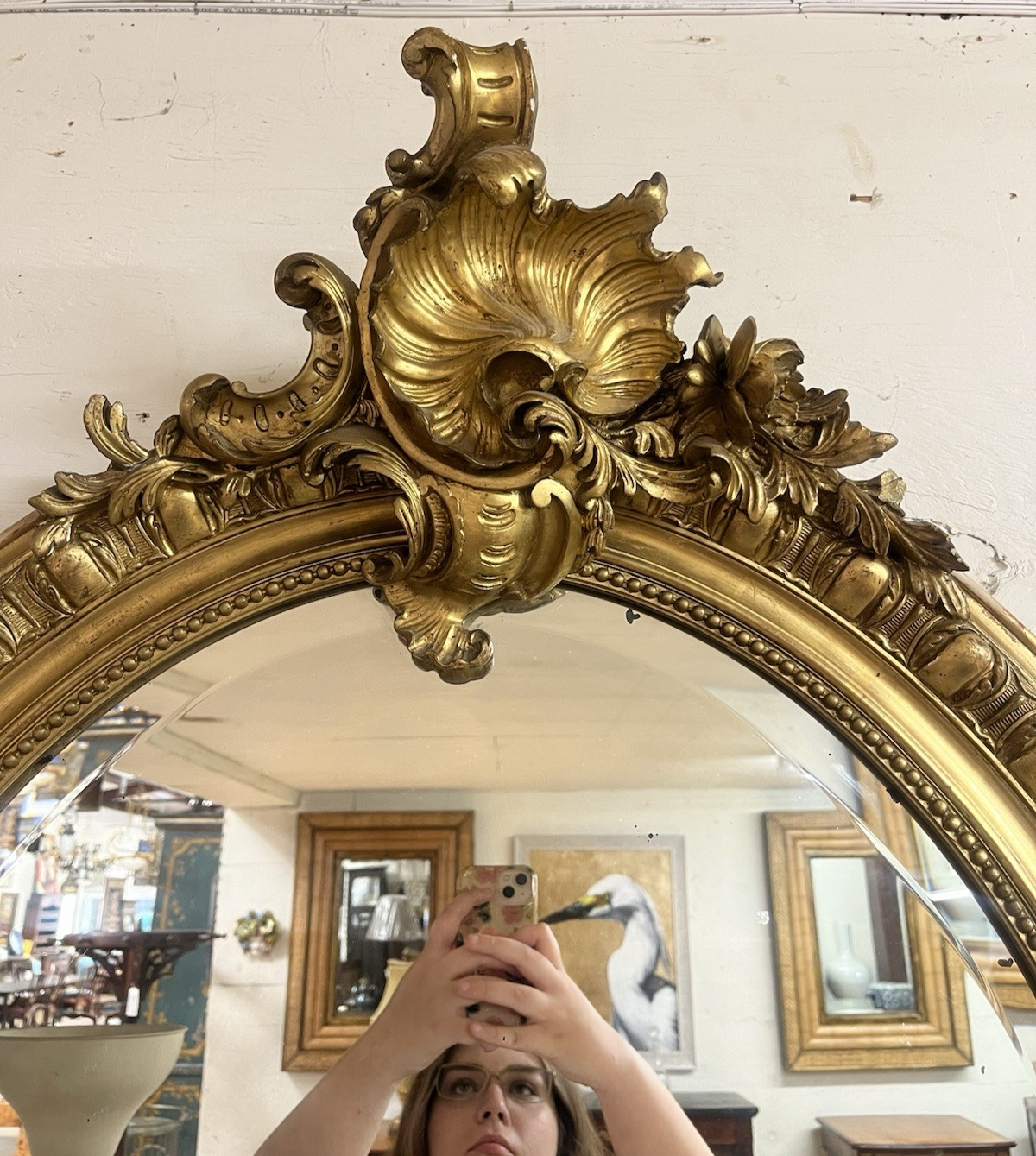 LARGE LOUIS XVI GOLD GILTWOOD OVAL WALL HANGING MIRROR, 55"H