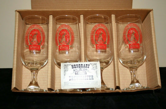 SET OF 4 COORS BEER GLASSES GOBLETS STEMMED 7" Glass 10 oz Red Logo Orig Box