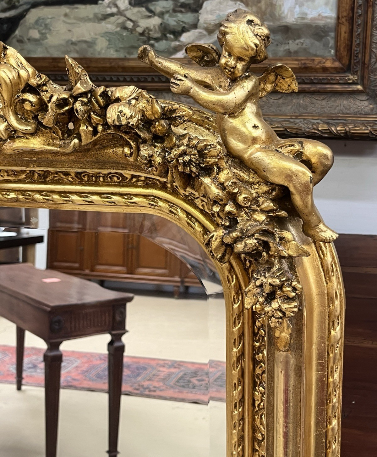 PAIR OF LARGE LOUIS XV STYLE GILT GOLD PUTTI ANGEL WALL MIRRORS, 61.5"H