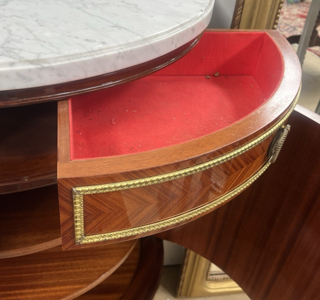 FRENCH LOUIS XVI MARBLE-TOP LACQUERED MARQUETRY DEMILUNE ENFILADE SIDEBOARD 105"