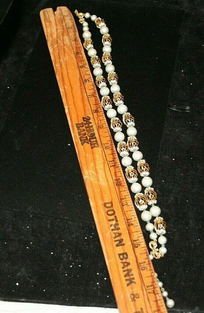 Vtg Signed Vendome Faux Pearls 2 Strand Necklace Gold Swirl Bead Rhinestone