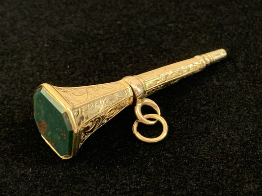 Antique Victorian Bloodstone Watch Key  Yellow Gold Beautiful Chasing Work